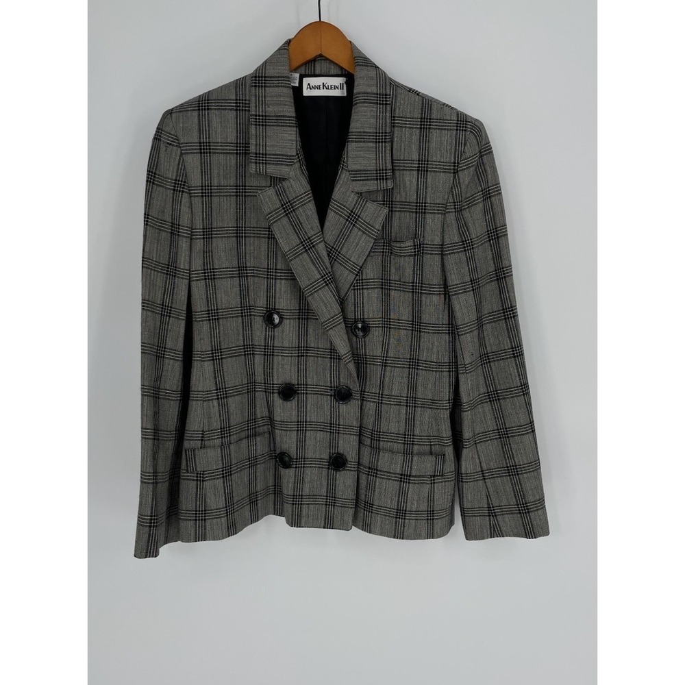 VTG Anne Klein Women Size 8 Blazer Wool Linen Plaid Black & Gray Union Made USA
